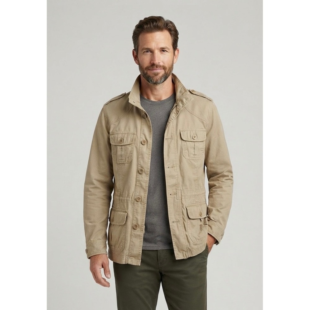 L.L.Bean Field Jacket Mens Medium Regular Khaki Tan Cotton Utility Safari Coat